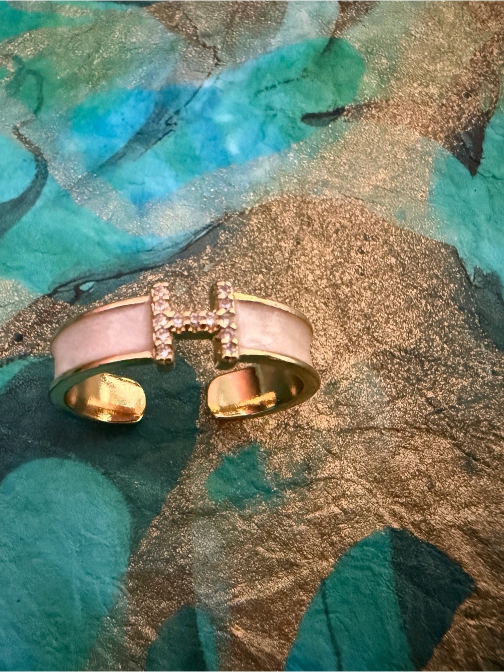 “H” Pave Set in Gold-tone and White Enamel Accent- Open Adjustable Ring - Picture 6 of 8